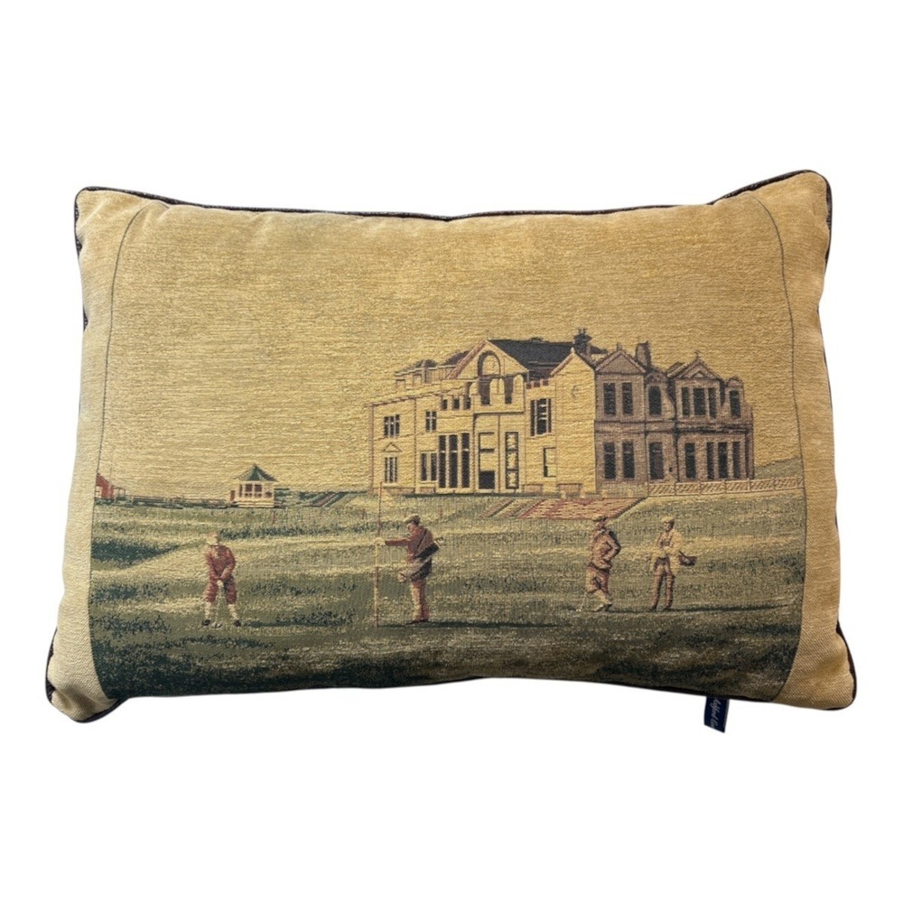 Ashford Court Golf Tapestry Throw Pillow Woven Scene Faux Suede Back 27" x 18"